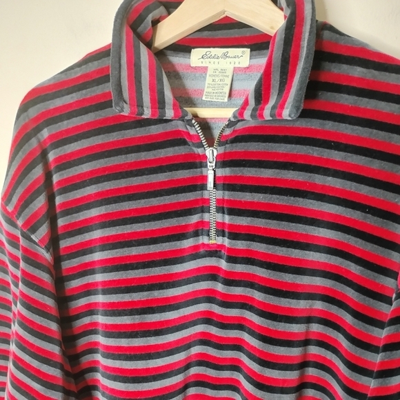 Vintage Eddie Bauer Velour 1/4 Zip XL Striped 90s Y2k Retro Loungewear Preppy - Picture 2 of 6